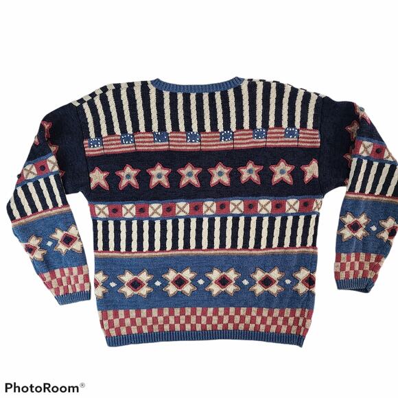 Patriotic Grandmacore Cottagecore vintage cardigan red cream blue Large - Picture 2 of 5